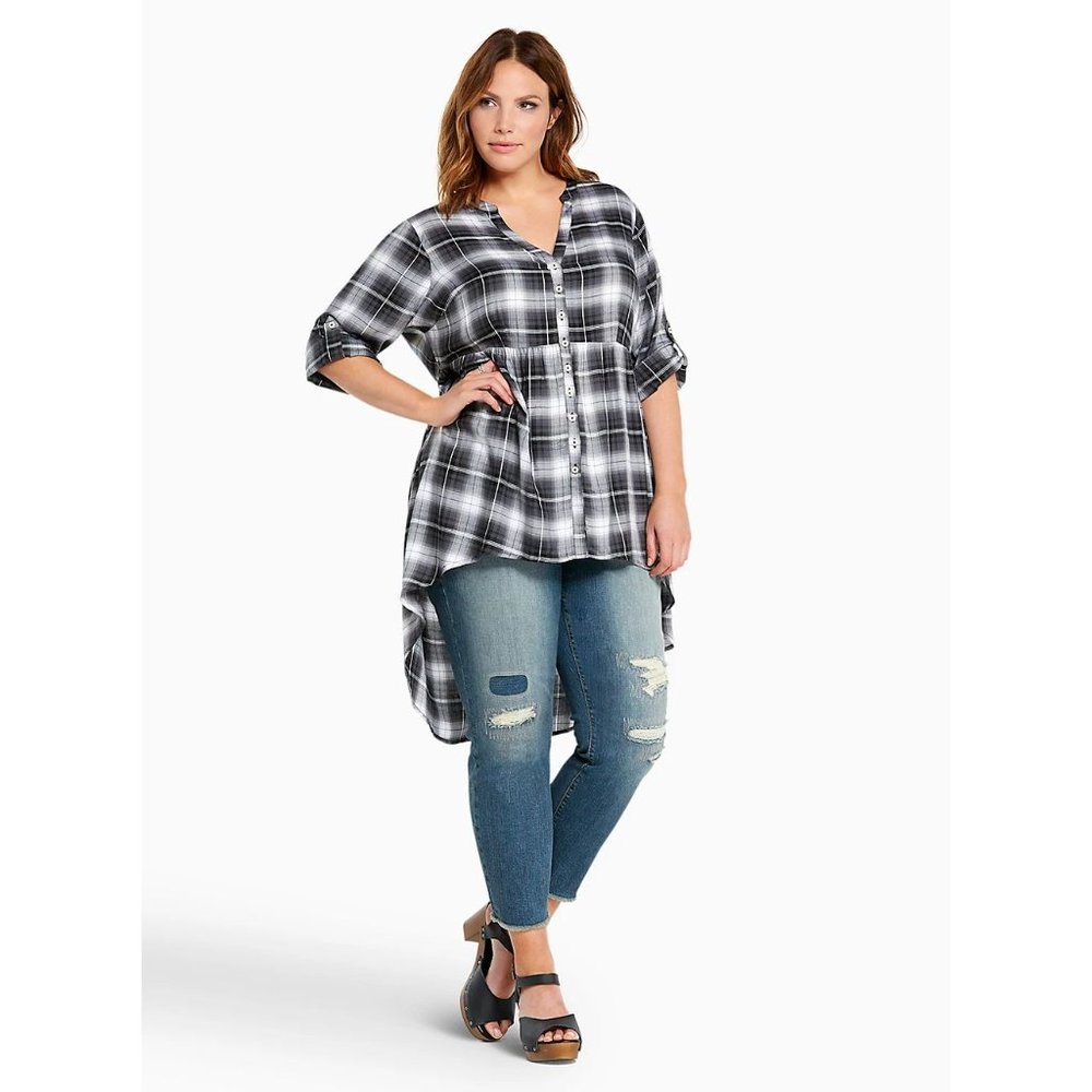 TORRID Plaid Button Front Hi-Lo Babydoll Midi Top Blouse sz 1X Women's Plus - Picture 11 of 12